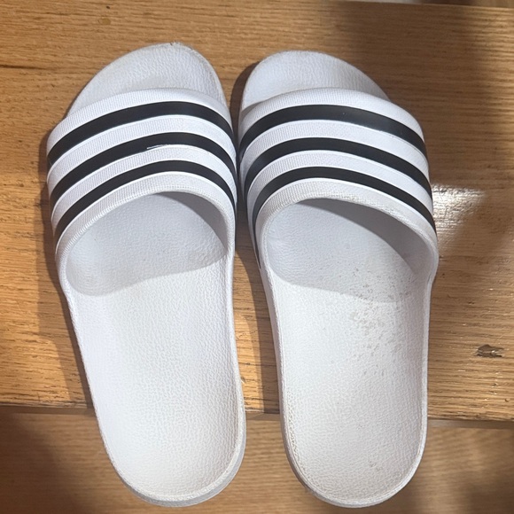 adidas Shoes - Adidas White Slides with Black Stripes